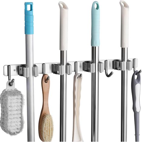 Porte Balai Mural en Acier Inoxydable, Accroche Balai Mural avec 4 Emplacements et 5 Crochets pour Cuisine, Salle de Bain, Garage et Jardin, Gris (1/7)