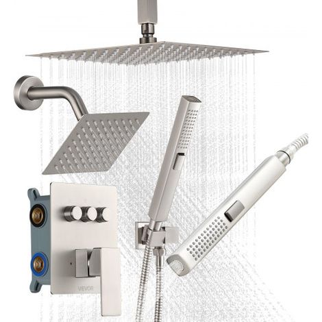 Sistema de Grifería, con Ducha de Lluvia 25,4 cm, Cabezal de Pared 15,24 cm, Ducha de Mano 2 en 1, Cabezal de Lluvia Doble Giratorio, Válvula de Latón y Kit de Embellecedor, Níquel Cepillado (1/5)