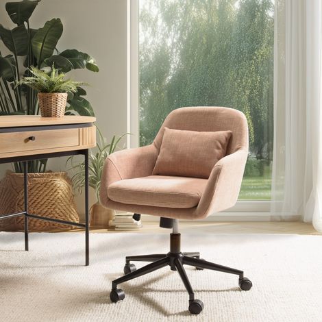 MINA - Chaise de bureau à roulettes en tissu rose dossier carré (1/5)