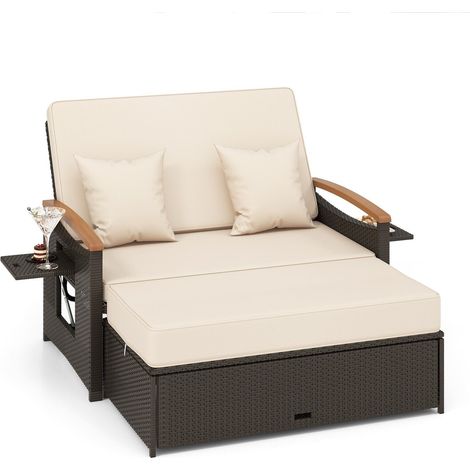 COSTWAY Outdoor Sun Lounger Daybed Rattan Woven Loveseat Ottoman Set Adjustable Backrest (1/5)