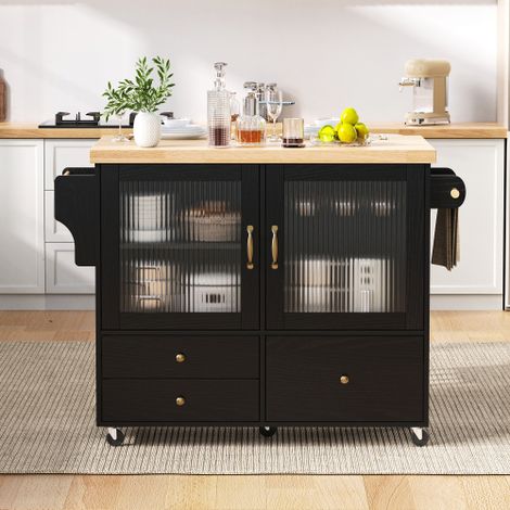Isola cucina mobile con ruote e tavolo da pranzo allungabile, carrello da cucina con portabicchiere e vano portaoggetti, ideale per cucina e sala da pranzo (nero) (1/5)
