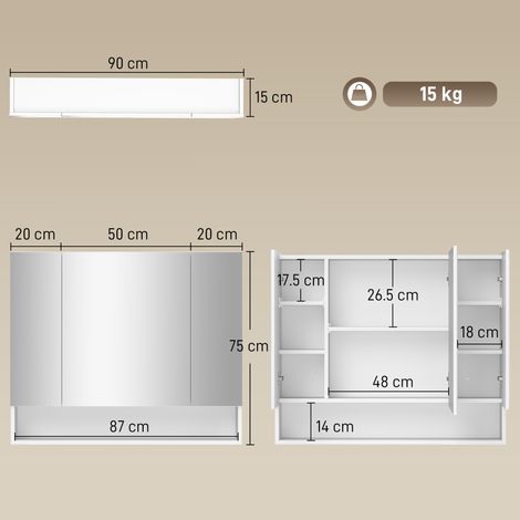 Miroir de salle de bain avec armoire à 3 portes à fermeture douce et étagères réglables, 90 x 15 x 75 cm, blanc (1/5)