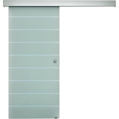 90cm Sliding Glass Door with Hardware Track Kit, Frosted Tempered Glass with Stripe Pattern, Round Handle