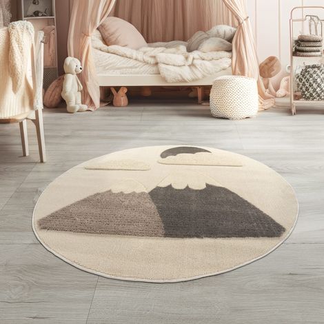 Tapis enfant rond à poils courts, motif montagne 3D, doux et moelleux, décoratif Crème, Rond, 160 cm x 160 cm x 21 mm (1/5)