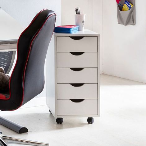 Caisson de bureau à roulettes 5 tiroirs 33x38x64 cm décor blanc (1/5)