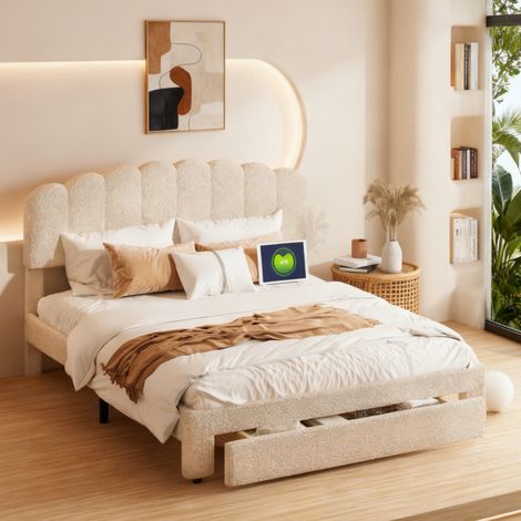 Lit double 140x200 avec tiroir, Sommier à Lattes, Cadre de Lit pour 2 Personne, Lit Rembourré avec port USB, Beige, imitation laine (1/5)