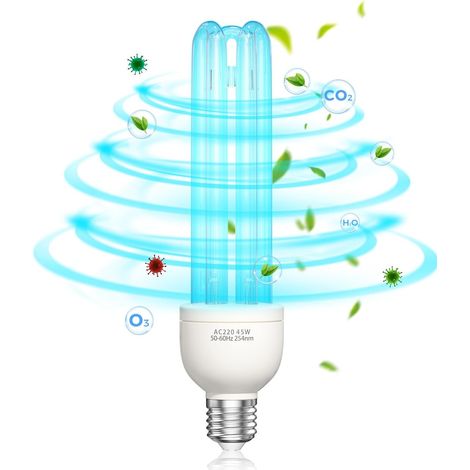Lampe Ultraviolet Ozone 55W Lampe UV Germicide UVC avec Ampoule Ozone E27 Ampoule UV Sterilisateur avec Tube de Quartz Stérilisation 254nm AC220-240V pour Toilette, Chambre L'air Frais (1/5)