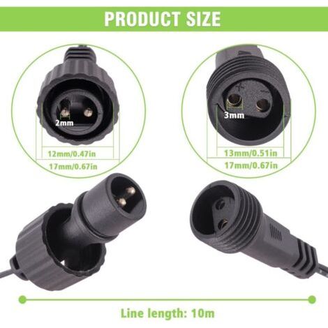 NALOOKAMIC Câble d'extension lumineux Noël étanche IP44 Noir 2 broches mâle/femelle LED basse tension 10 m