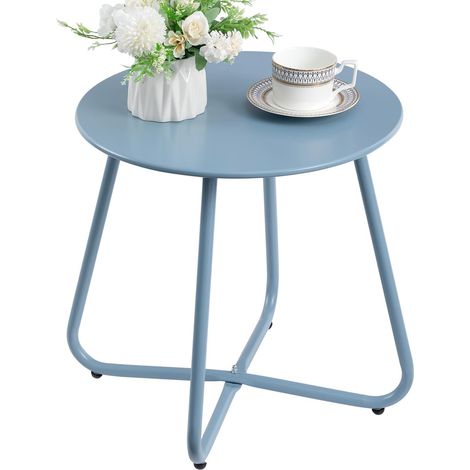 Petite table à manger d'extérieur Table de jardin et de balcon Table basse ronde Table d'appoint de patio Matériau métallique Bleu gris (1/5)