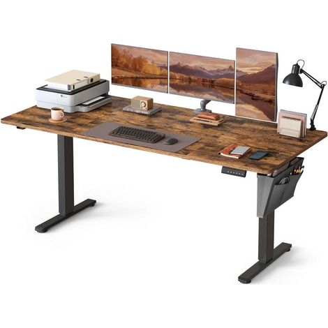 Bureau réglable en hauteur assis-debout 80 x 180 x 72-120 cm 4 hauteurs mémorisables ambiance cosy en aggloméré marron rustique (1/2)