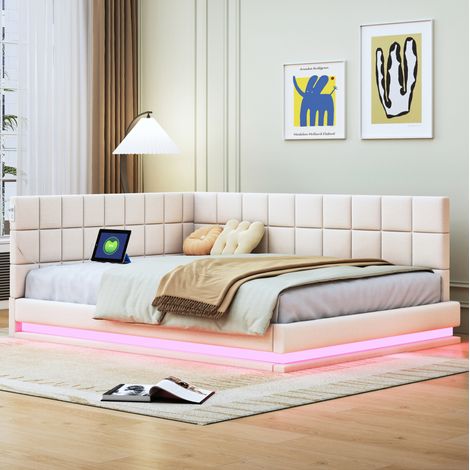 Sofá cama 140x200 cm con LED y puerto USB, beige, madera y lino, sin colchón FloraGrace (1/5)