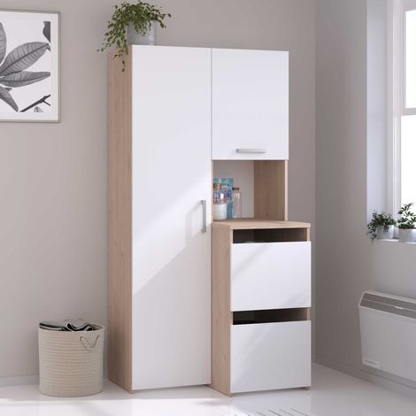 Rangement de salle de bain avec placards, étagères et colonne - Naturel clair et blanc - L92 x H184 cm - ERKANO (1/5)
