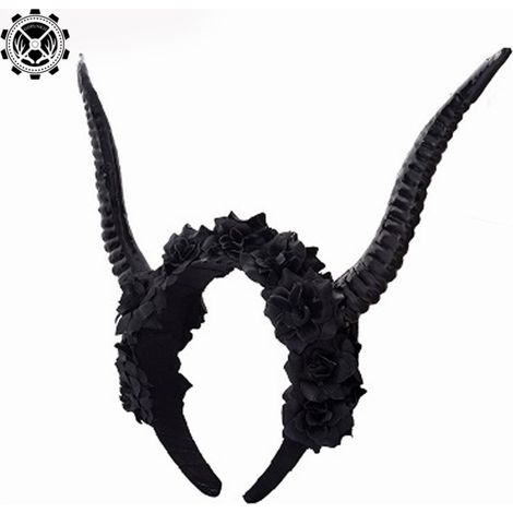 Lolita Halloween Cosplay: Black Antelope Horn Hair Accessory, Gothic Dark Devil Horn, Black Flower Headband (1/3)
