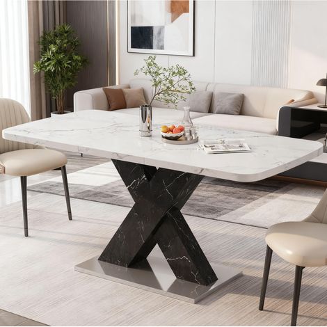 Table à manger rectangulaire extensible 120-160 cm en MDF blanc effet marbre et noir avec base en acier (1/5)