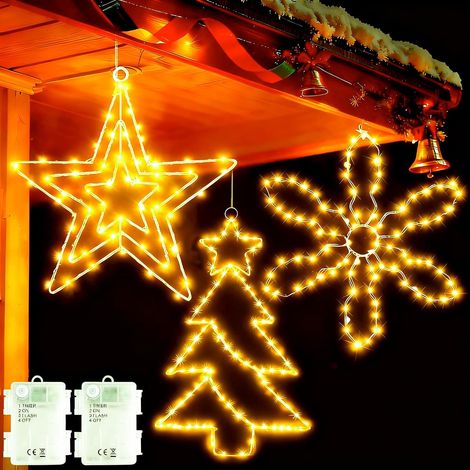 Deco Exterieur Noël 3 Pièces LED Étoile/Neige/Sapin de Noël Lumineuse, Decoration Lumiere Fenêtre à Piles avec Minuterie, Étanche Étoile Lumineuse pour Joyeux Balcon Fenêtre Mur Porte (1/5)
