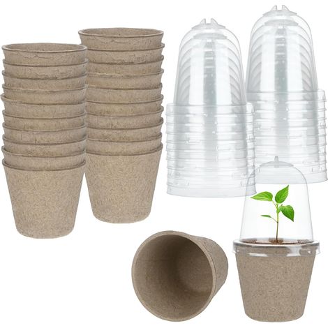 Lot de 40 pots de tourbe ronds de 6,9 cm avec dôme d'humidité, plateaux de germination de graines pour plantation/fleurs/légumes/fournitures de jardinage [sans trous] (1/4)