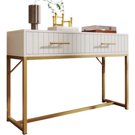 Coiffeuse blanche avec 2 tiroirs, structure en panneau de particules, base métal doré et pieds réglables, meuble compact pour chambre et maquillage - CHICFURN (1/5)
