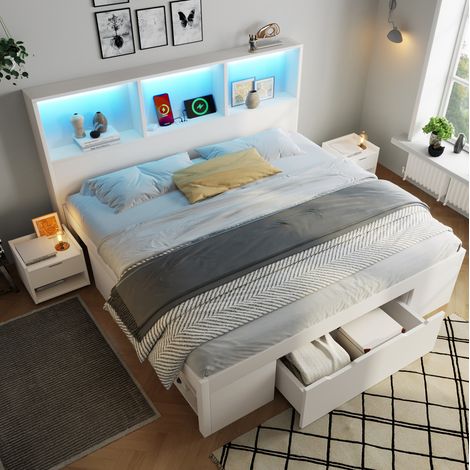 CHICFURN Letto matrimoniale 140x190 cm bianco con contenitore, LED, USB Type-C, senza materasso (1/5)
