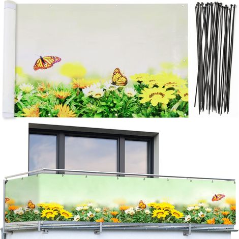 Maximex Protezione frangivista per balcone con motivo a farfalla e alta resistenza ai raggi UV e agli agenti atmosferici, ad asciugatura rapida e antistrappo, 5 m (1/4)