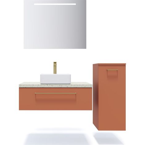 Meuble de salle de bain suspendu vasque à poser 90cm 1 tiroir Terracotta + miroir + colonne ouverture droite - Glasgow (1/5)