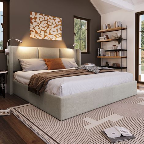 Bett mit Stauraum Leinen Beige 140x200 cm, inklusive Lattenrost, Leselicht und USB-Ladefunktion
