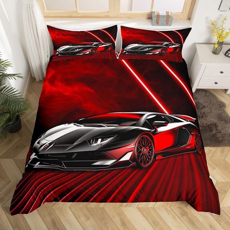 Housse de Couette 140x200 Enfant Garçon Voiture de Course, Parure de Lit Voiture de Course Rouge Sets de Housses de Couettes Sports Extrêmes, Couvre Lit Voiture de Course de Vitesse (1/5)