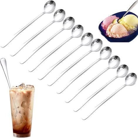 Lot de 10 cuillères longues 19 cm en acier inoxydable, cuillères à dessert, glace, sorbet et thé, idéales pour latte macchiato, yaourt et cocktails, argent (1/5)