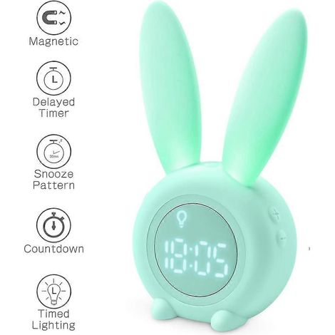Réveil mignon en forme de lapin pour enfants, lampe de chevet créative avec fonction snooze et veilleuse avec minuterie. (1/5)