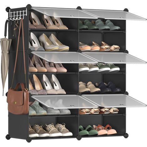 Étagère à Chaussures 6 Compartiments, Étagère de Rangement Modulable, Compartiment de 30 x 40 x 30 cm, avec Porte, Cadre en Acier, Panneaux en Plastique, Noir (1/5)