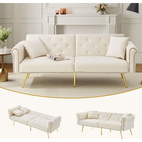 Modernes 2-Sitzer-Schlafsofa – Samtbezug, Rückenlehne mit 3-stufiger Verstellung & vergoldete Metallfüße Stilvolles Sofa mit Schlaffunktion – platzsparend, belastbar, ideal für kleine Räume