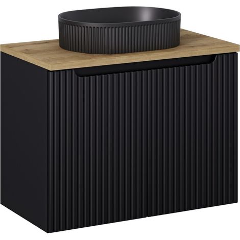 Meuble de salle de bain suspendu avec plan de travail et vasque ovale à poser NOVA 80cm-Noir/Naturel (1/5)