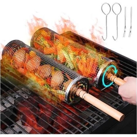 Rolling Set of 2 baskets of barbecue for barbecue outdoor, vegetables, bracket of barbecue for fries, meat, fish, crevettes (1/4)