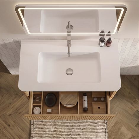 Ensemble de salle de bains comprenant un meuble-lavabo avec vasque murale de 80 cm de large, un meuble de salle de bains moderne avec meuble latéral, couleur chêne. (1/4)