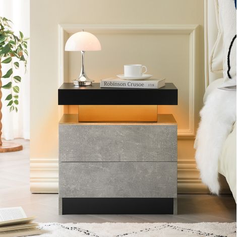 MEUBLIV Table de chevet grise avec LED réglables, 2 tiroirs, 59 x 45 x 20 cm (1/5)