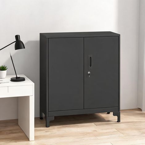 Armoire de bureau métal noir 80 x 35 x 91 cm 2 étagères avec clé (1/5)