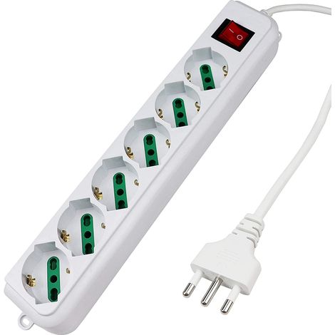 EXTRASTAR MULTIPRESA 6 POSTI BIPASSO SCHUKO 250V COLORE BIANCO CON INTERRUTTORE LUMINOSO 3500W 10/16A (1/4)