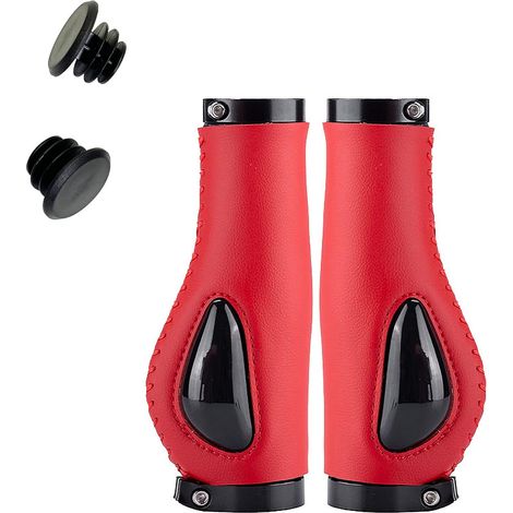(Rouge) Silicone + cuir/aluminium poignée de vélo à verrouillage bilatéral, boulette de viande Silicone absorbant les chocs poignée de VTT confortable (1/5)