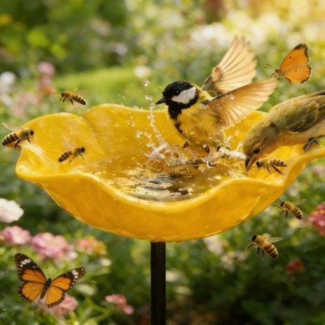 Piquet Jardin Métal Fait Main – Abreuvoir Oiseaux et Pollinisateurs – Motif Floral – Jaune – Décoration Extérieure et Écologique (1/5)