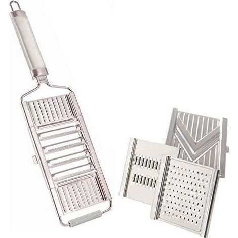4-in-1 Küchenmandoline, multifunktionaler Gemüseschneider mit 3 zusätzlichen Einsätzen, 1 Stopfer, zum Reiben, Schneiden, Julienne-Schneiden, Obst und Gemüse (1/5)