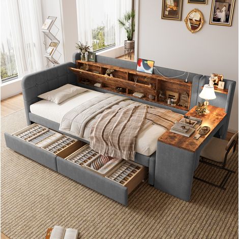 Cama de día tapizada en lino gris 90x200 cm con escritorio, 2 cajones, almacenaje abatible, USB y USB-C, somier incluido (1/5)