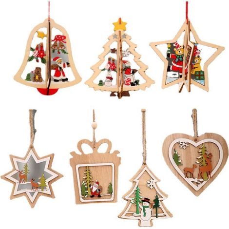 Juego de 7 adornos navideños para árbol - Adornos 3D calados, artículos para fiestas y decoración del hogar - Adornos colgantes de madera