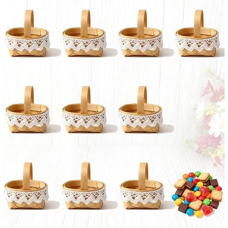 mini woven baskets with handle, small wicker baskets with lace border, mushroom basketball, suitable for weddings, parties, guest gifts, decorative items