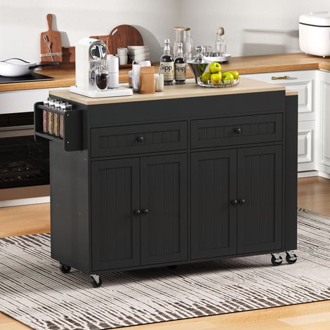 Îlot sur roues noir+naturel avec plan de travail et tiroirs,mobile indépendant idéal pour cuisine et salle à manger.