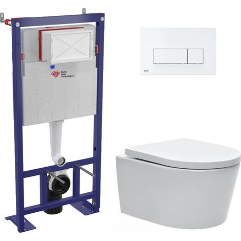 Swiss Aqua Technologies – Pack WC suspendu bâti-support autoportant – Cuvette sans bride fixations invisibles – Abattant softclose – Plaque de commande blanche