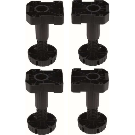 4x Pied de meuble ajustable réglable complet avec base plastique à visser capacité 150kg Vérin Plinthe Jambe Caisson Cuisine Salle de bain Base Socle Support, 150mm -30 / +20mm