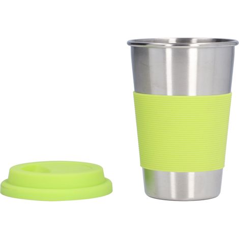 Tasse en acier inoxydable 304 avec manchon isolant en silicone pour enfants, école, bureau, maison. Manchon vert. (1/5)