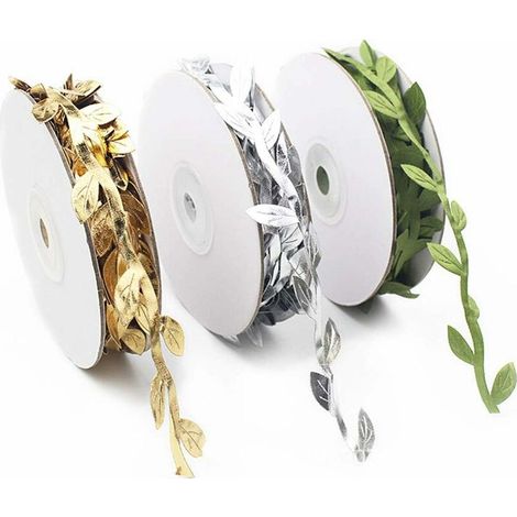 3 Rolls Artificial Vines Ribbon Artificial Silk Leaf Simulation Foliage Rattan Leaves Ribbon Artificial Silk Leaf for Wedding Decoration, Gold / Silver / Green (1/5)