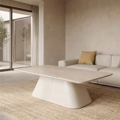 Mesa de café/centro RILKE, tablero de melamina efecto piedra beige claro y estructura metálica crema (120 x 60 x 45 cm) - MOG CASA (1/5)