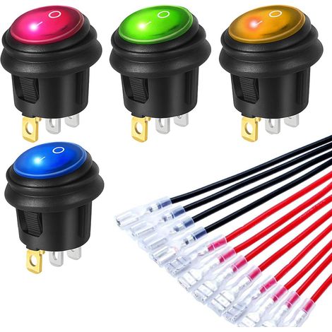 4pcs 230V AC 6A/125V 10A SPST 3-pin 2-position ON/OFF Red/Blue/Yellow/Green LED Illuminated Light Waterproof Rocker Switch (12pcs Terminal Connection Wires)