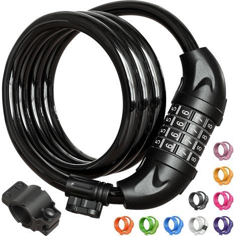 Fahrradschloss, 1,2 m Kabel, 1,27 cm (1/2 Zoll) Zahlenschloss, mit Halterung – Schwarz (1/5)